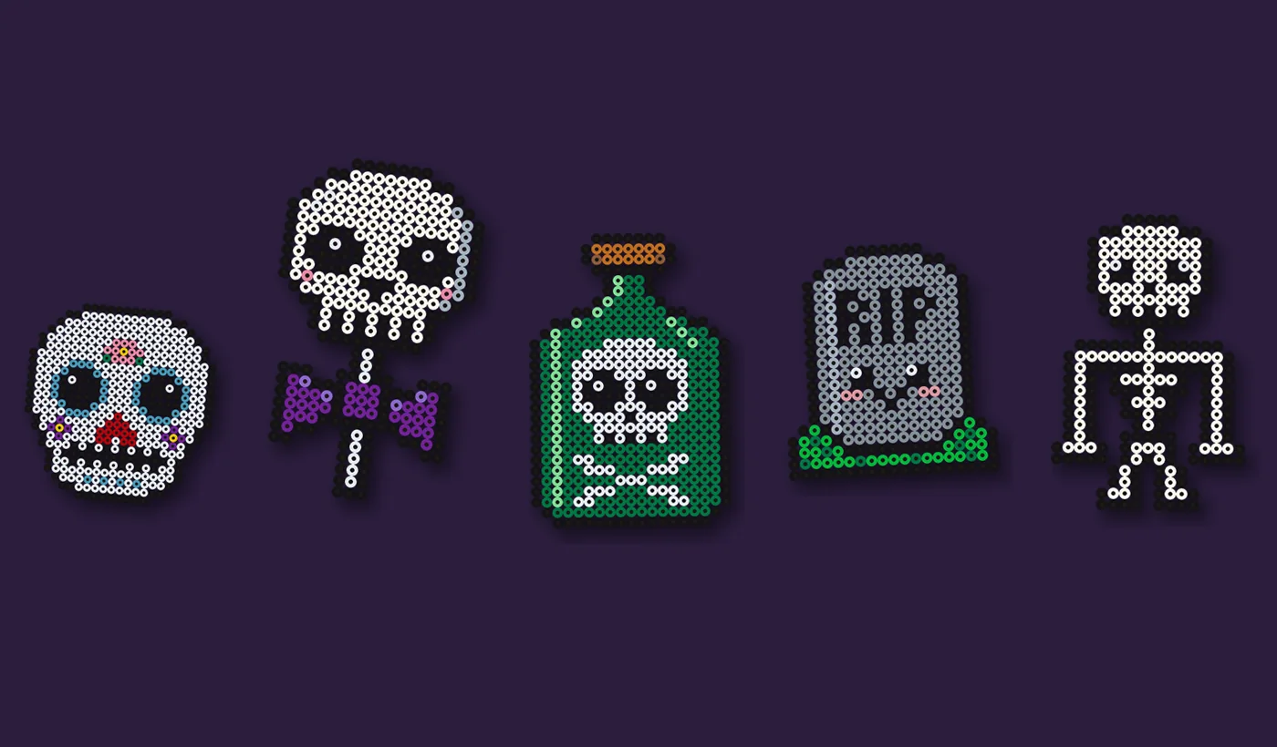 Perle à repasser squelette et tête de mort : 5 grilles d'Halloween à transformer en magnets