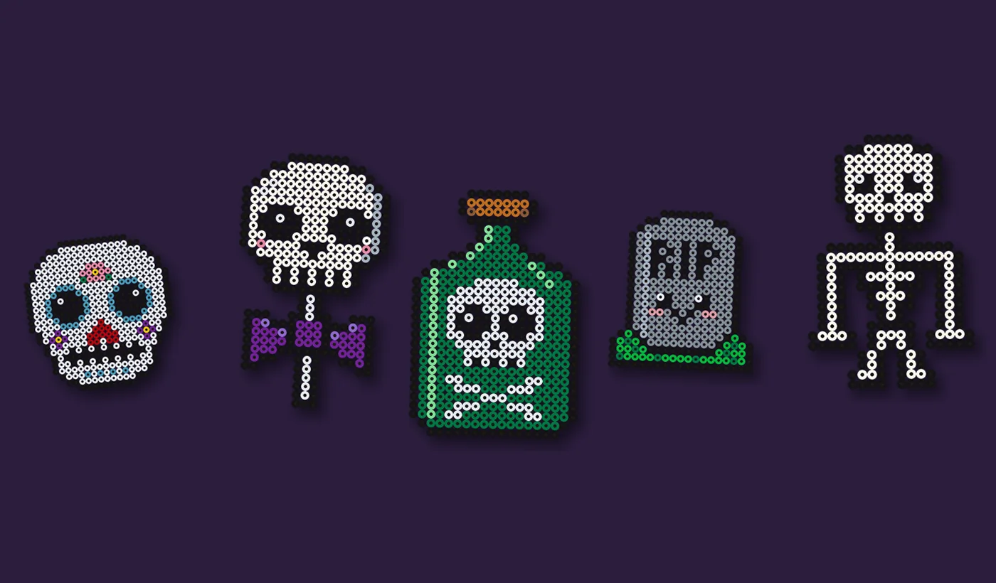 Strijkkralen skelet en doodshoofd: Halloweenvoorbeelden op volgorde van moeilijkheid